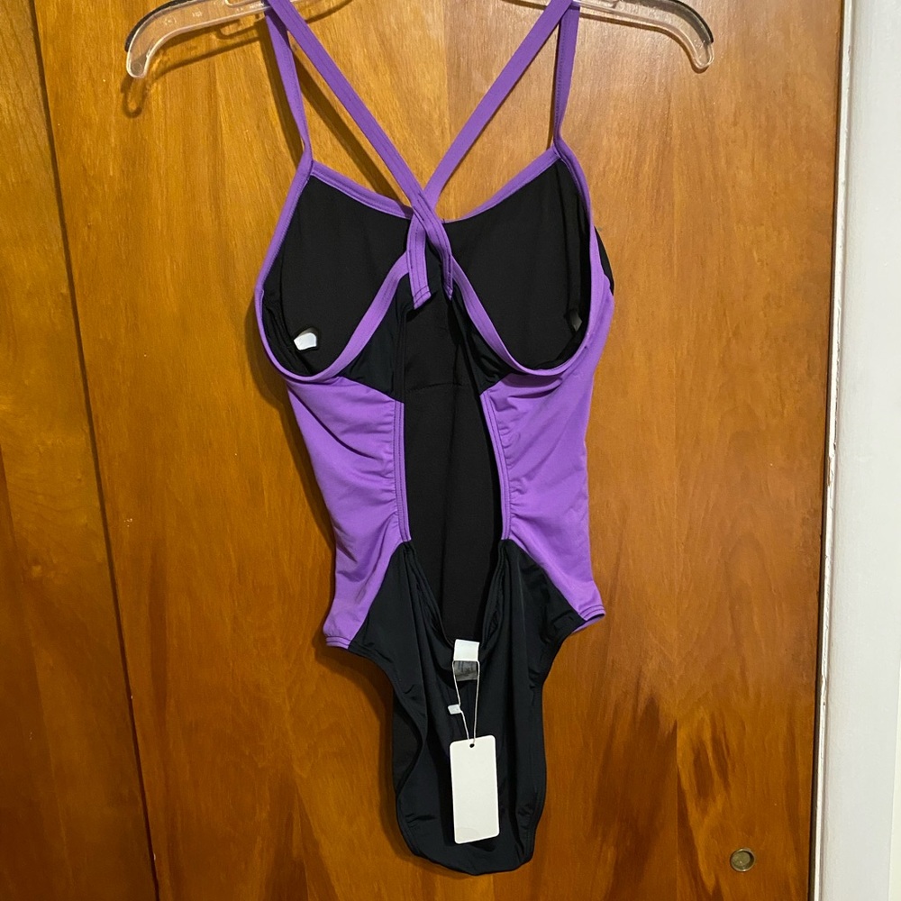 Holipick One Piece ladies Swim Suit Low Cut Back w/Cross Straps Black and Purple - Picture 2 of 8